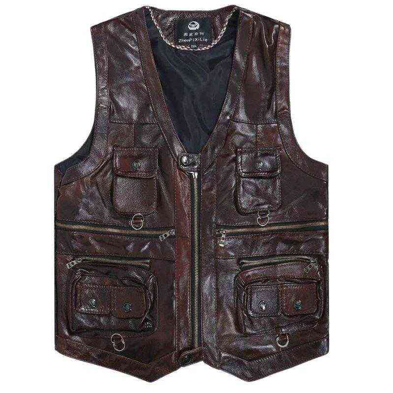 Cowhide Genuine Leather Vest Men Brown Waistcoat Male Sleeveless Jacket Thick Motorcycle plus size Vest Multi Pocket Zipper 211119