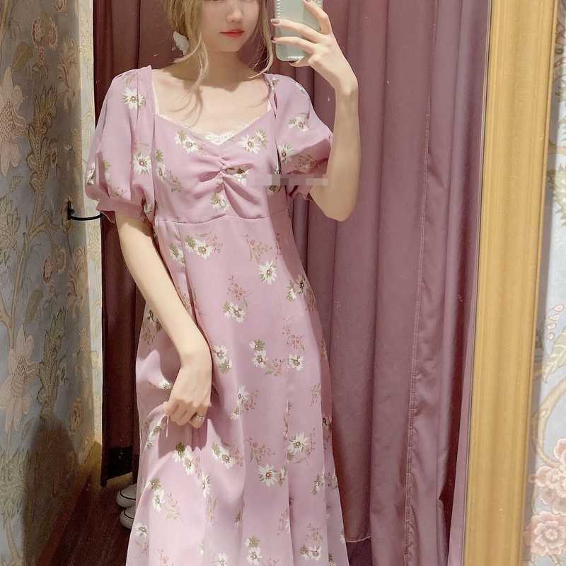 Sweet Puff Short Sleeve Dresses for Women Temperament Square Collar Print Woman Dress Summer Elegant Vestidos De Mujer 210525