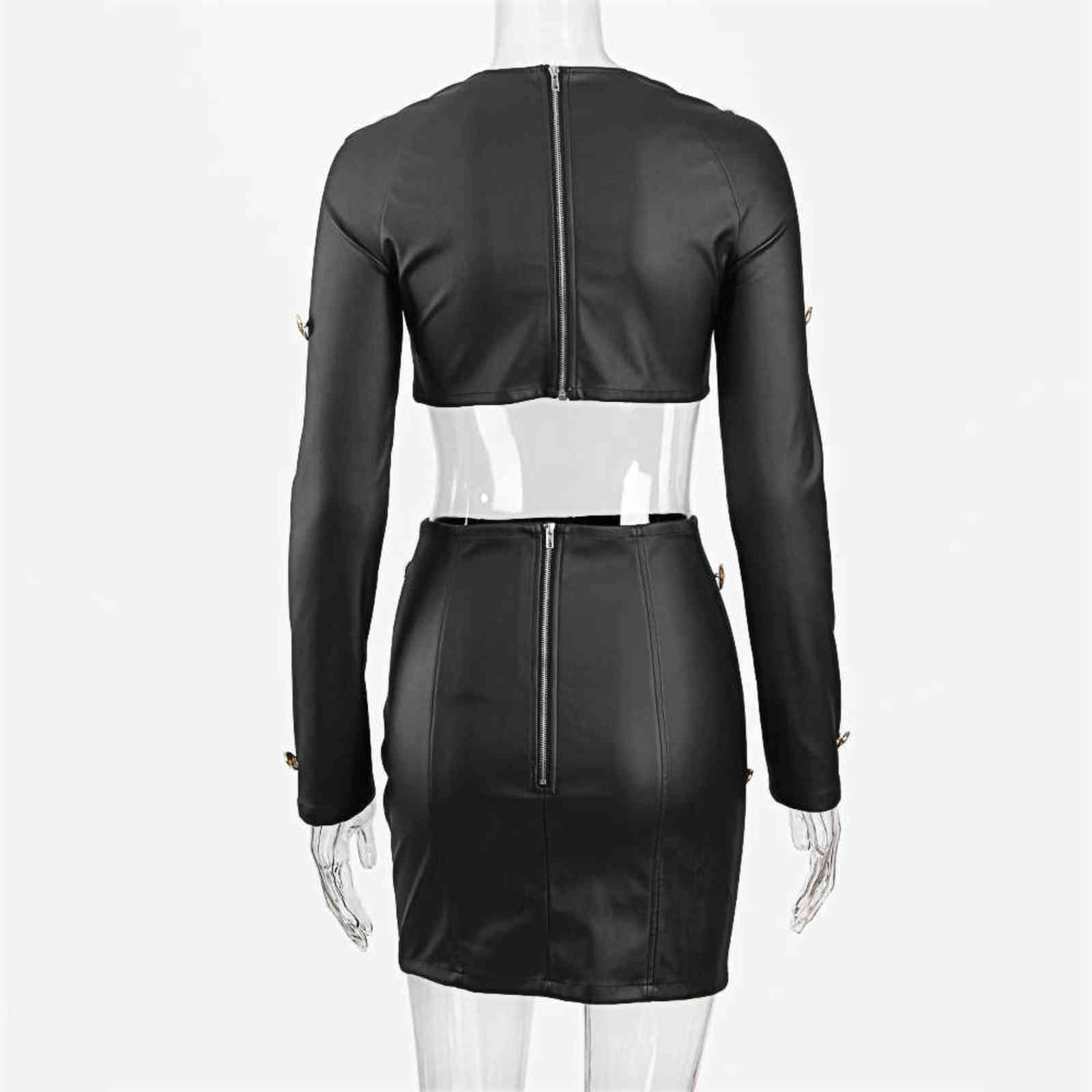 DEAT AutumnLeather Long Sleeve Crop Top Skirt With Gold Button Elegant Outfits Fall Women Two Piece Set ML581 211106