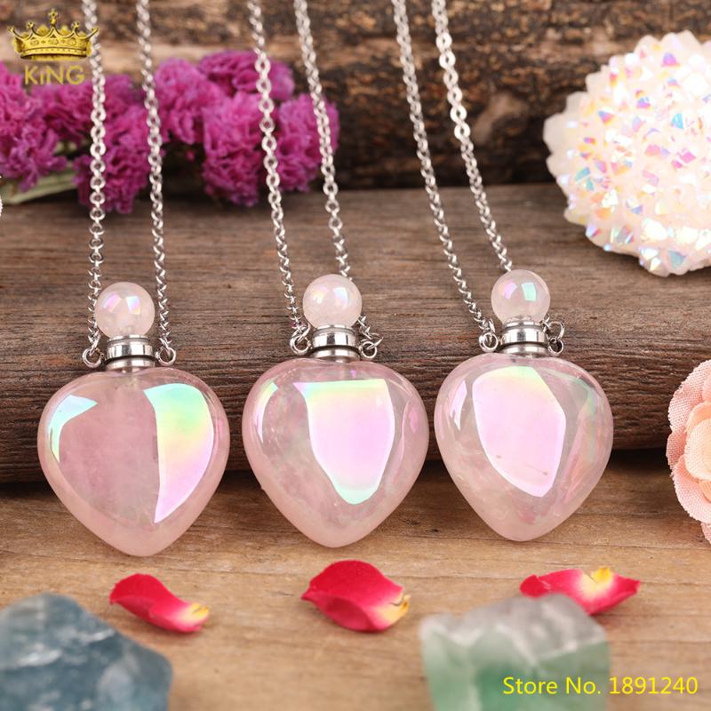 Pendant Necklaces Natural Roses Pink Quartz Heart Perfume Bottle Necklace Fashion Women Rainbow Crystal Stone Gold Diffuser Jewelry
Pendant Necklaces Natural Roses Pink Quartz Heart Perfume Bottle Necklace Fashion Women Rainbow Crystal Stone Gold Diffuser Jewelry