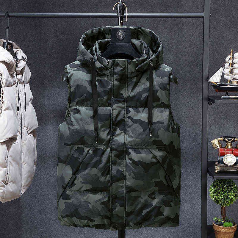 Mens Winter Vests Men's Sleeveless Jacket Thick Camouflage Vest Casual Hooded Waistcoat Male Warm Vests Outwear Plus Size 7XL 211119
