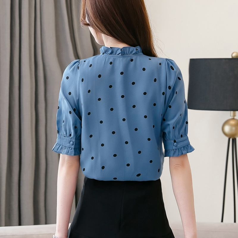 2021 New Chiffon Shirts Women Shirt Summer Shirt Women Tops Dot Printed Fashion Korean Blue Pink Short Sleeves Blouse 5700 50 210225