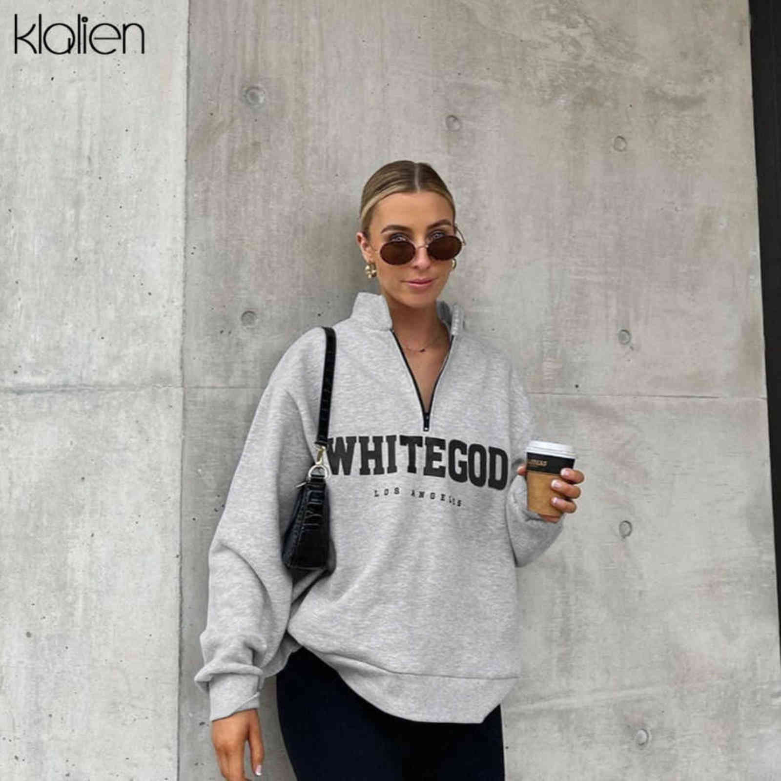KLALIEN Fashion Casual Street Print Letter Loose Pullover Hoodies For Women Autumn Simple Warm Thicken Sweatshirts Female 211109