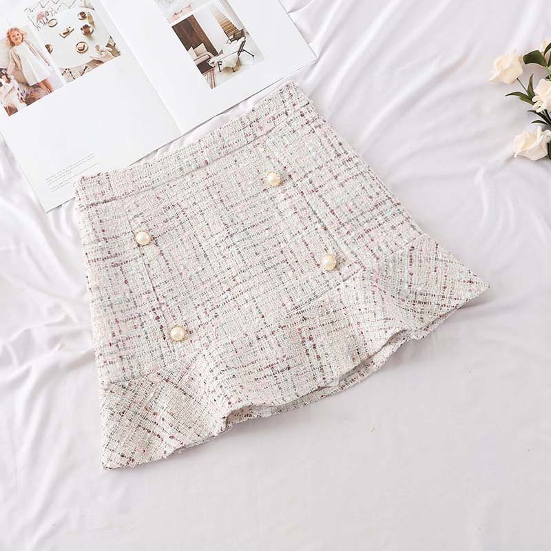 Autumn Korean Skirt Women Hight Waist Solid Mini Skirt Elegant Ladies Button Lotus Leaf Woollen Wrap Skirts Femininas 210306