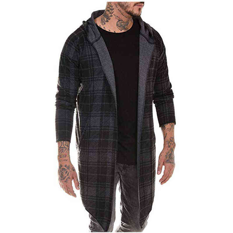 long coat men gothic trench coat men cardigan slim long cloak hooded Knitted plaid jacket men fashion steampunk men's coat 220124