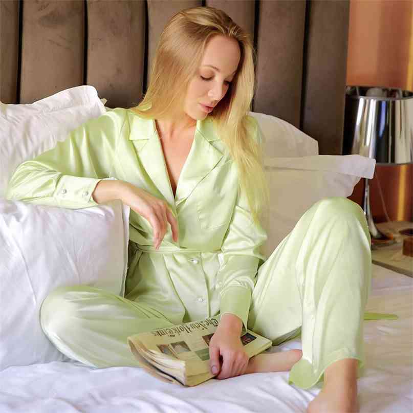 HECHAN Green Khaki Women Sleepwear With Sashes Loose Long Sleeve Pocket Satin Pajamas Female Pants Solid Nightgown Home Suit 210924