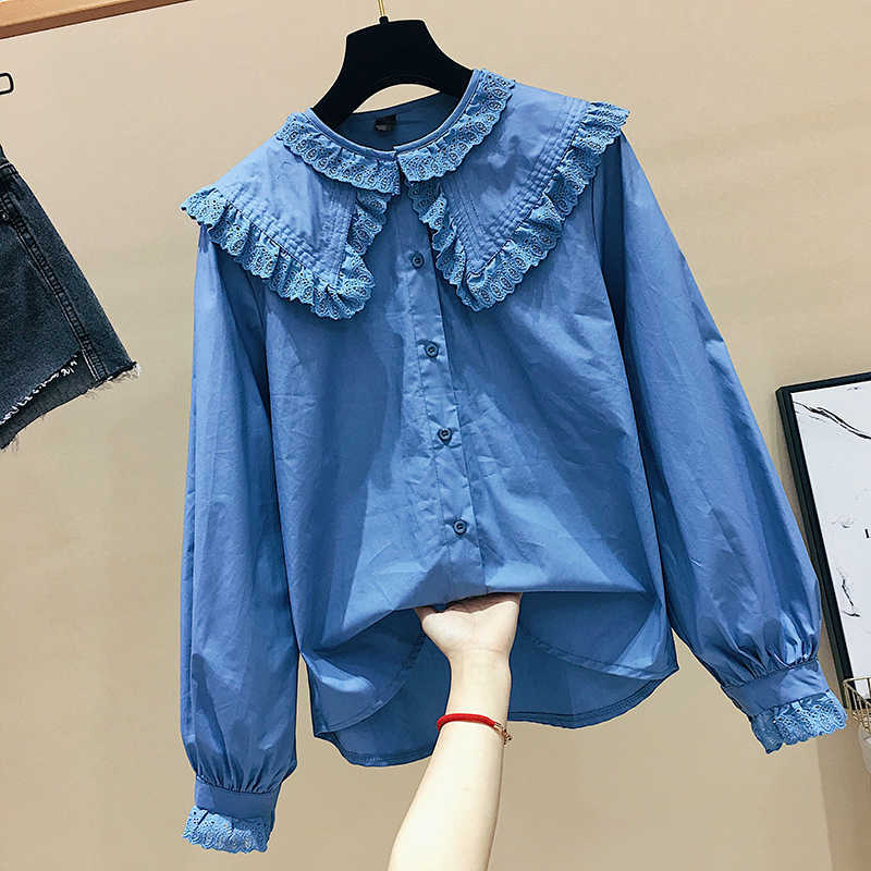 Sweet Lace Peter Pan Collar Loose Full Solid Shirt with Bottom Coat Flare Sleeve Blouse Women 210615