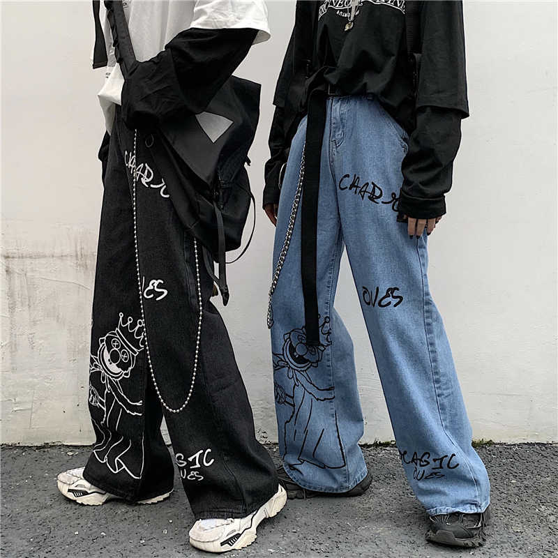 SHENGPALAE Summer Casual Jeans Woman Long Trousers Cowboy Female Loose Streetwear Cartoon Print Wide Leg Pants ZA4911 210809