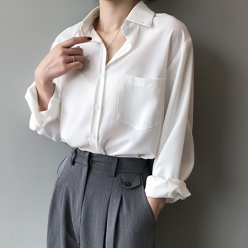 Loose White Shirts for Women Turn-down Collar Solid Female Shirts Plus Size Office Ladies Tops Spring Summer Blouses 11354 210225