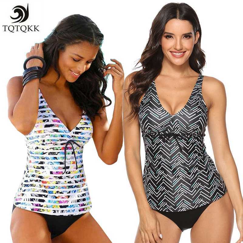 Tankini Women Swimsuits Two Piece Bikini Set Push Up Swimwear Vintage Padded Bathing Suit Female Beachwear Plus Size 3XL 210625