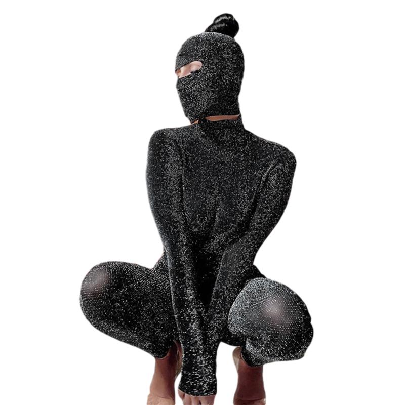 Fashion Women Sparkling Tight Jumpsuits with Balaclava Hood Mask, Sexy Open Back Sequin Long Romper Playsuits