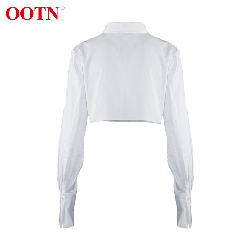OOTN White Sexy Crop Top Long Sleeve Women Blouse Shirt Cotton Solid Asymmetrical Hem Casual Top Female Blouse Button Bown 210302 - view 5
