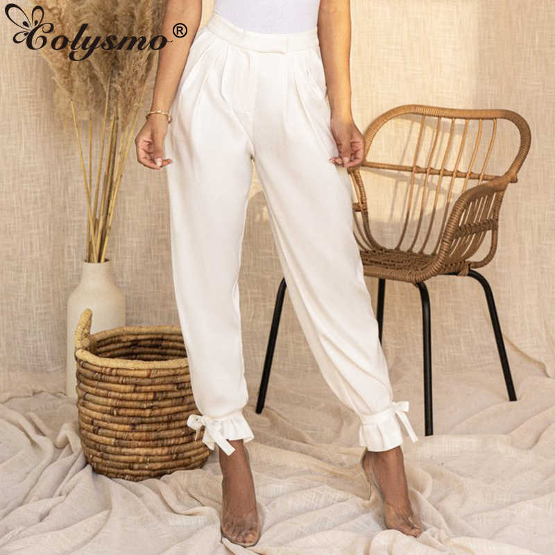 Colysmo Woman White Pants Button Zipper High Waist Loose Lace up Casual Fashion Streetwear Ladies Elegant Trousers 210527