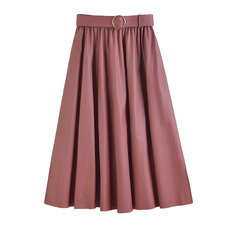 REALEFT Autumn Winter PU Faux Leather Long Skirts with Belt High Waist Elegant New A-line Chic Mid-calf Umbrella Skirts 210309