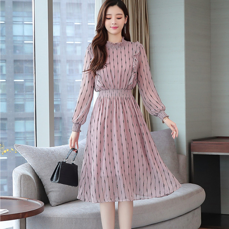 Vintage Striped Chiffon Long Sleeve Midi Dresses Autumn Winter Plus Size Women Bodycon Dress Elegant Party Femal Vestidos 201008