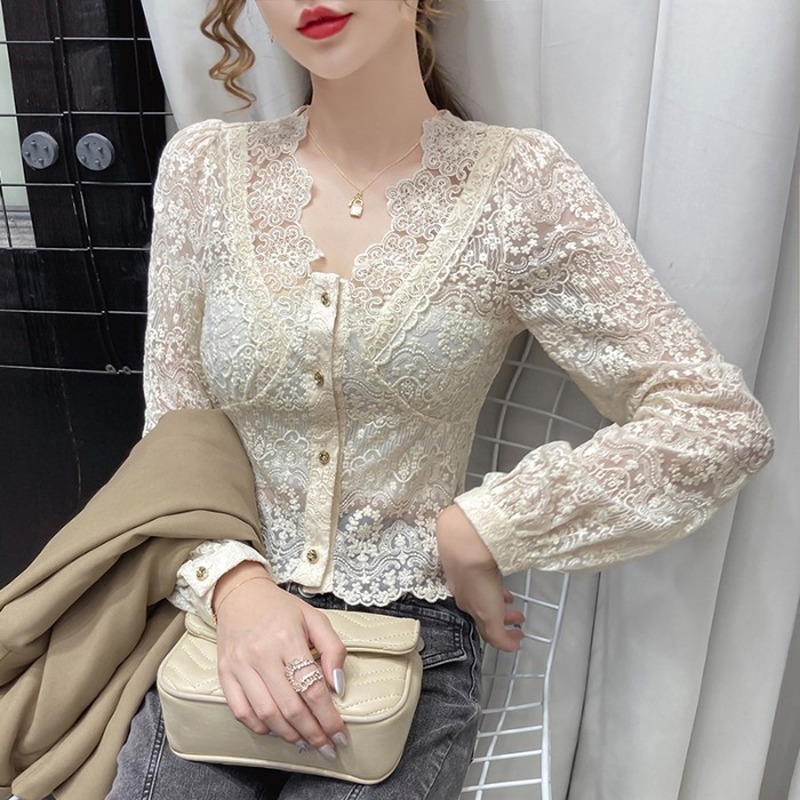 Autumn Sexy V-Neck Lace Patchwork Blouse For Women Hollow Out Long Sleeve Chiffon Shirt Female Beige Short Tops Blusas 210308