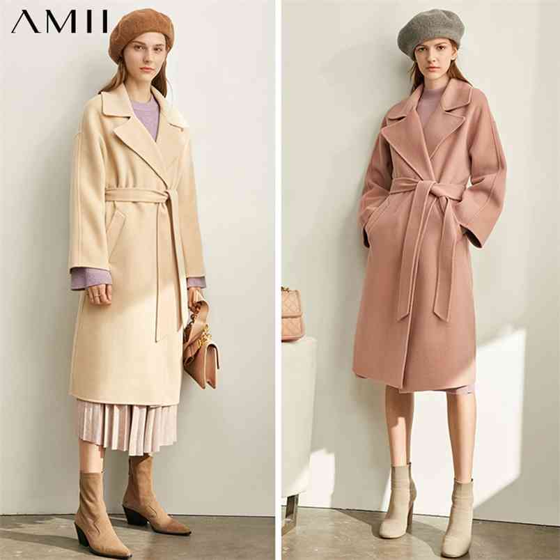 Minimalism Women Winter Solid Double Woolen Coat Fashion Causal Lapel Belt 100%Wool Female Long 11970505 210527
