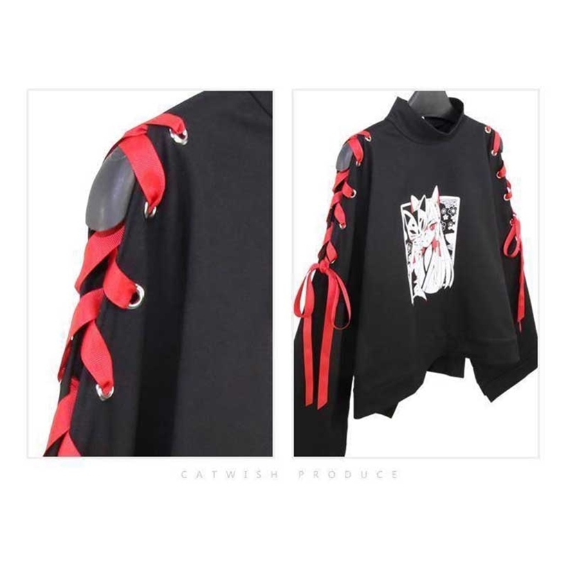 NiceMix Japanese Lolita Vintage Harajuku Anime Fox Print Lace-up Long Sleeve Hoodie Shirts Dark Girl Punk Street Sweatshirt Tops 201211