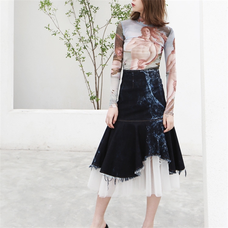 Korea Female Sexy Tee Tops Print Elastic Mesh Top Painting Long Sleeve Women Shirts Vintage Blouse blusas Tattoo clothes Q549 210225