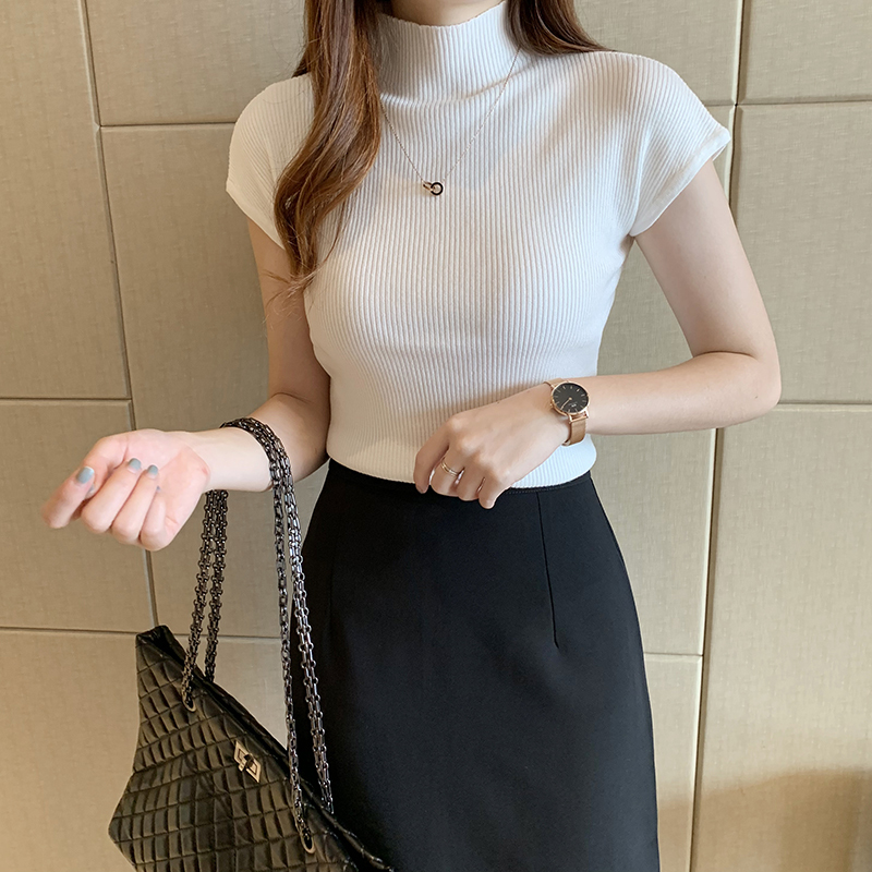 HELIAR Women Knitted T-shirts Turnelneck Tees Plain Tops Solid Knitted Short Sleeve Casual O-neck T-Shirts For Women Summer Tops 210302