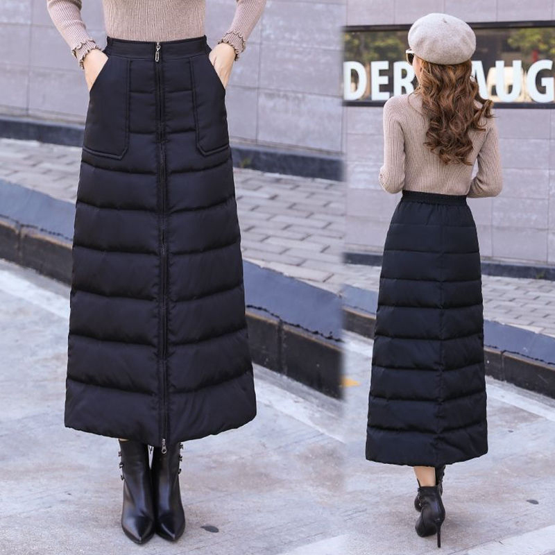 Winter Women Elastic High Waisted Black Down Skirt Thick Warm zipper Slim A word skirt female Fashion Plus Size 4XL Skirt 210306