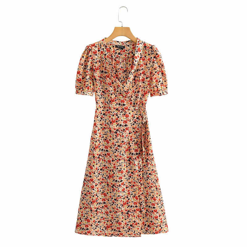 Elegant Women V-Neck Floral Print Dress Fashion Ladies Puff Sleeve Vintage Female Chic Asymmetric es 210527