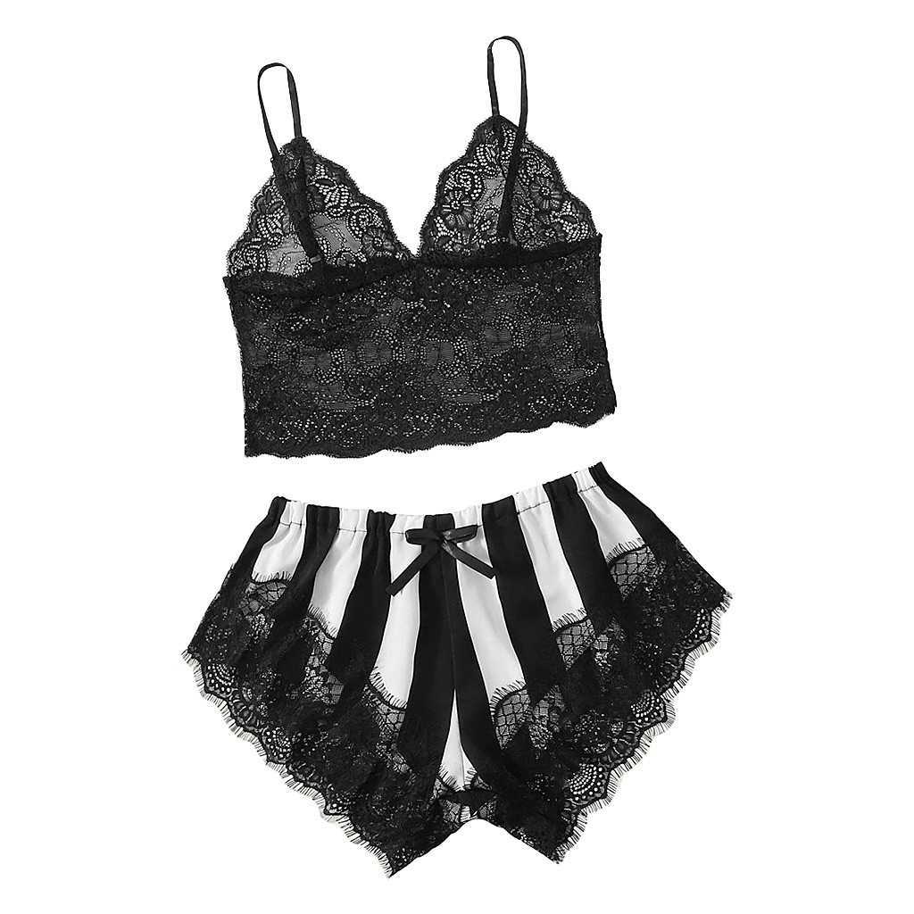Pyjamas Women Sleepwear Women Lace Camisole Stripe Satin Shorts Set Bow Sleepwear Pajamas Lingerie Porn set Q0706