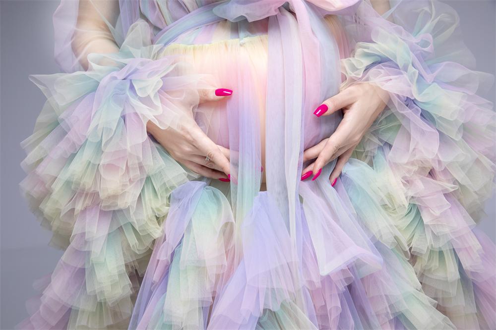 Real Photo See Thru Evening Dress Ruffles Rainbow Color Cap Sleeves Pregnant Women Sexy Prom Gowns Maternity Lingerie Nightwear