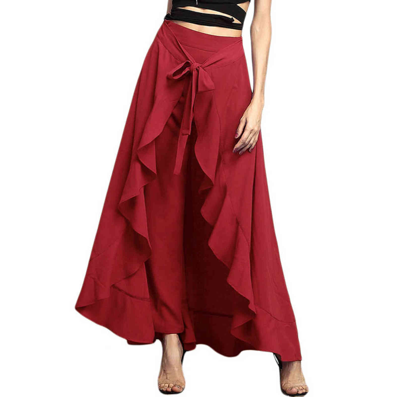 Women Pants Causal Ruffle Drawstring Trouser Elegant High Waist Irregular Loose Pure Color Autumn Female Pant Skirt 211115