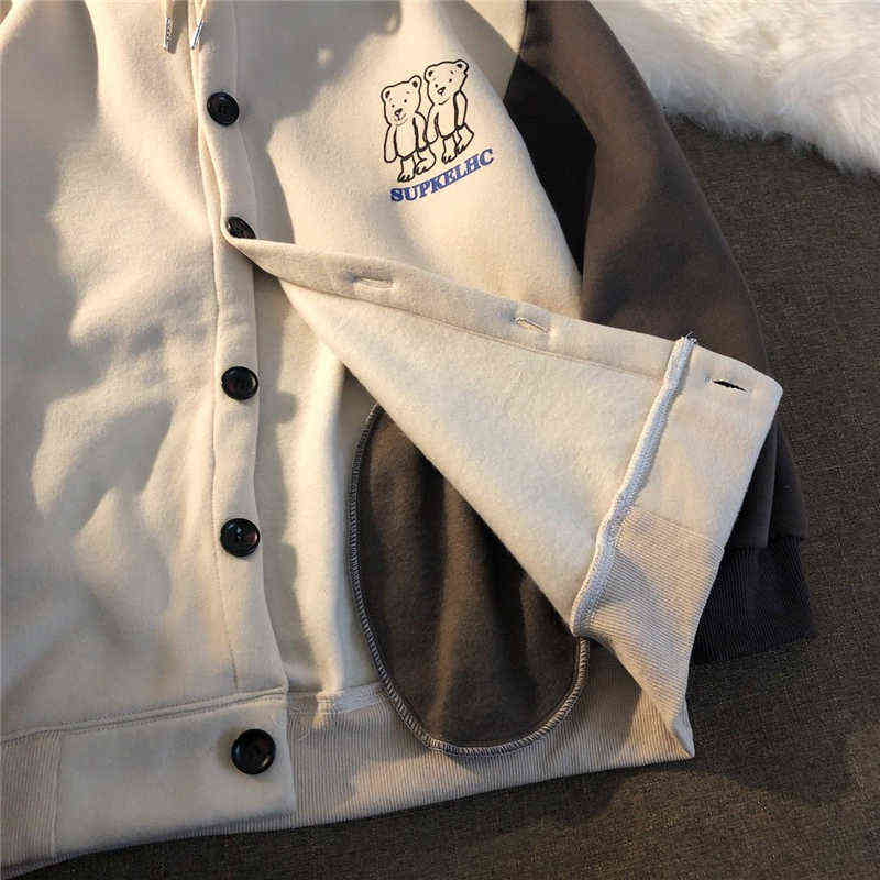 Harajuku Oversized Sweatshirt Streetwear Women Print Letter Zip Up Hoodies Student Plus Size Korean Outwear Chic Bear Loose Tops 211109