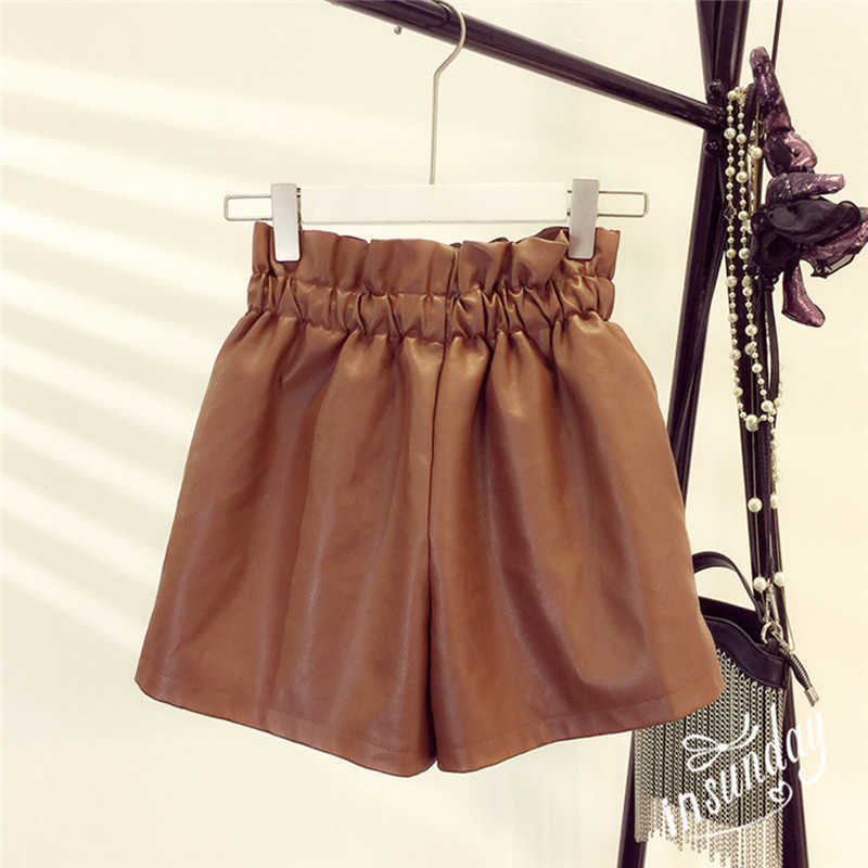 Spring Korean Style Female Sexy Leather Shorts High Waist Loose Wide Leg Short Femme Elastic Waist Belt 210611