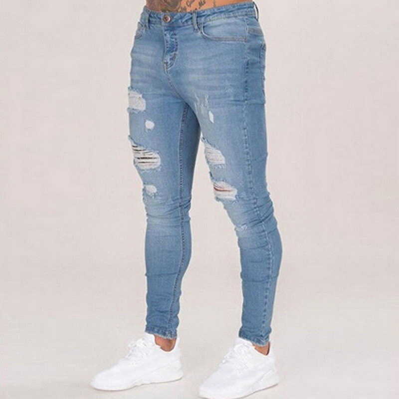 Men Ripped holes jeans Casual Black Blue Skinny slim Fit Denim Pants Biker Hip Hop Jeans with sexy Holel Denim Pants 211009