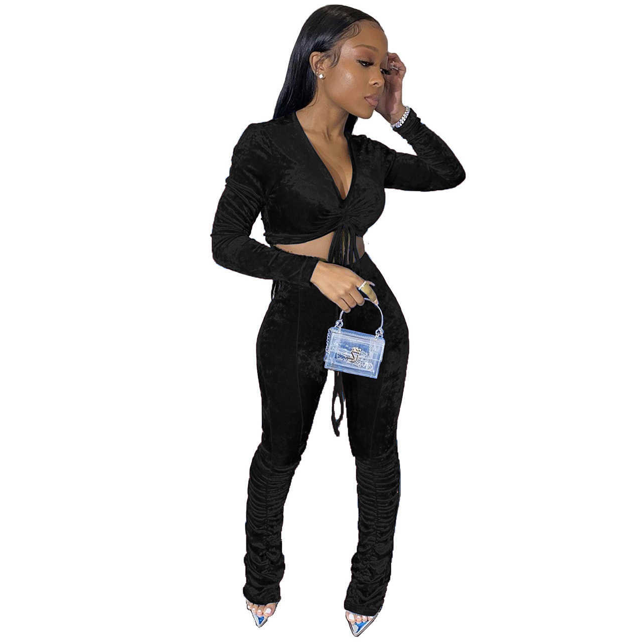 Designers Women Clothes pants 2023 autumn winter golden velvet Long Sleeve two-piece set