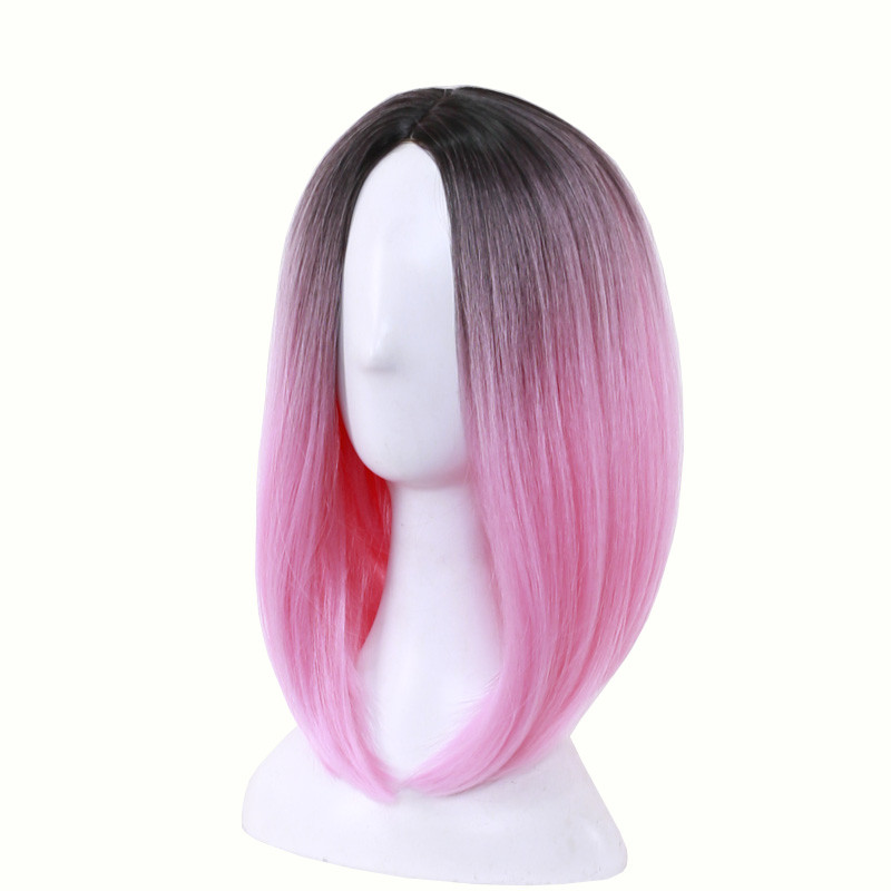 medium length straight hair wig heat resistant bob wigs lolita cosplay women synthetic wigs ombre black green gray pink purple