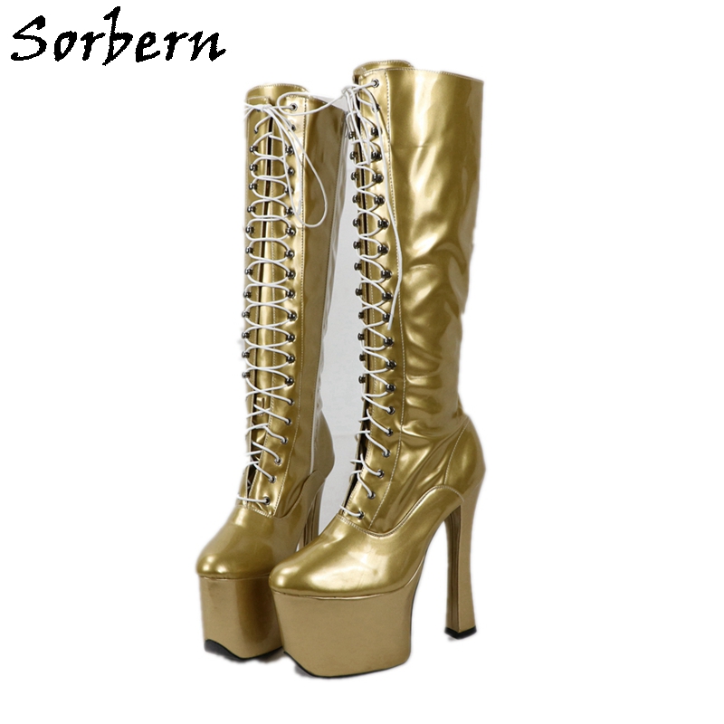 

Sorbern Unisex Mid-Calf 20Cm Super High Heel + 9Cm Platform Boots Women Sexy Fetish Stilettos Cross-Tied Patent Leather Knee-High Boots, Red shiny