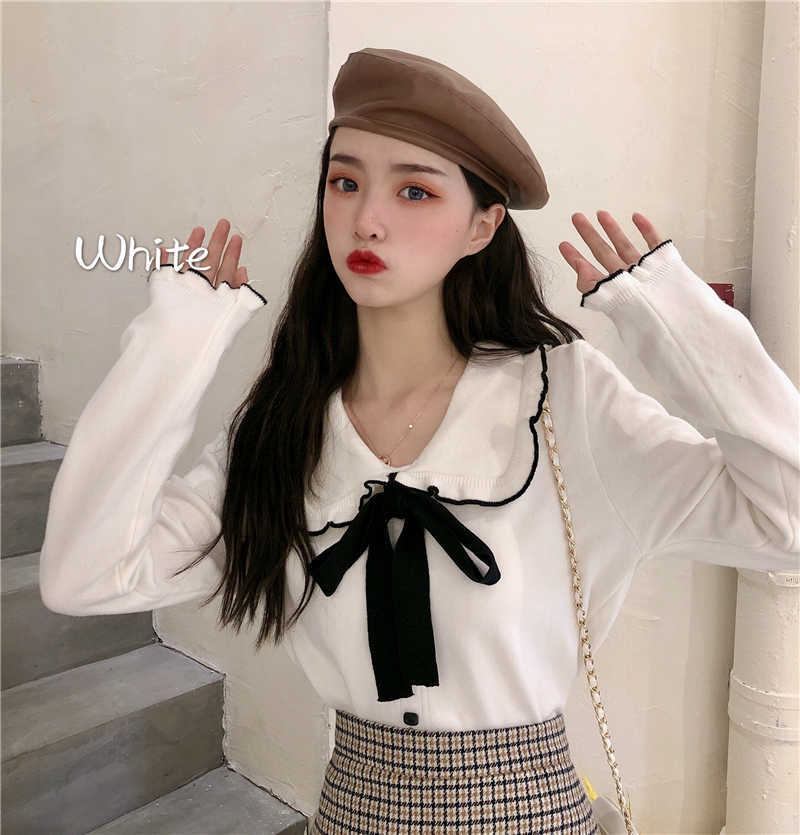 Nomikuma Autumn Sweet Bow Tie Knitwear Korean Ruffle Turn-down Collar Knitted Cardigan Slim Long Sleeve Sweater 6D075 211014