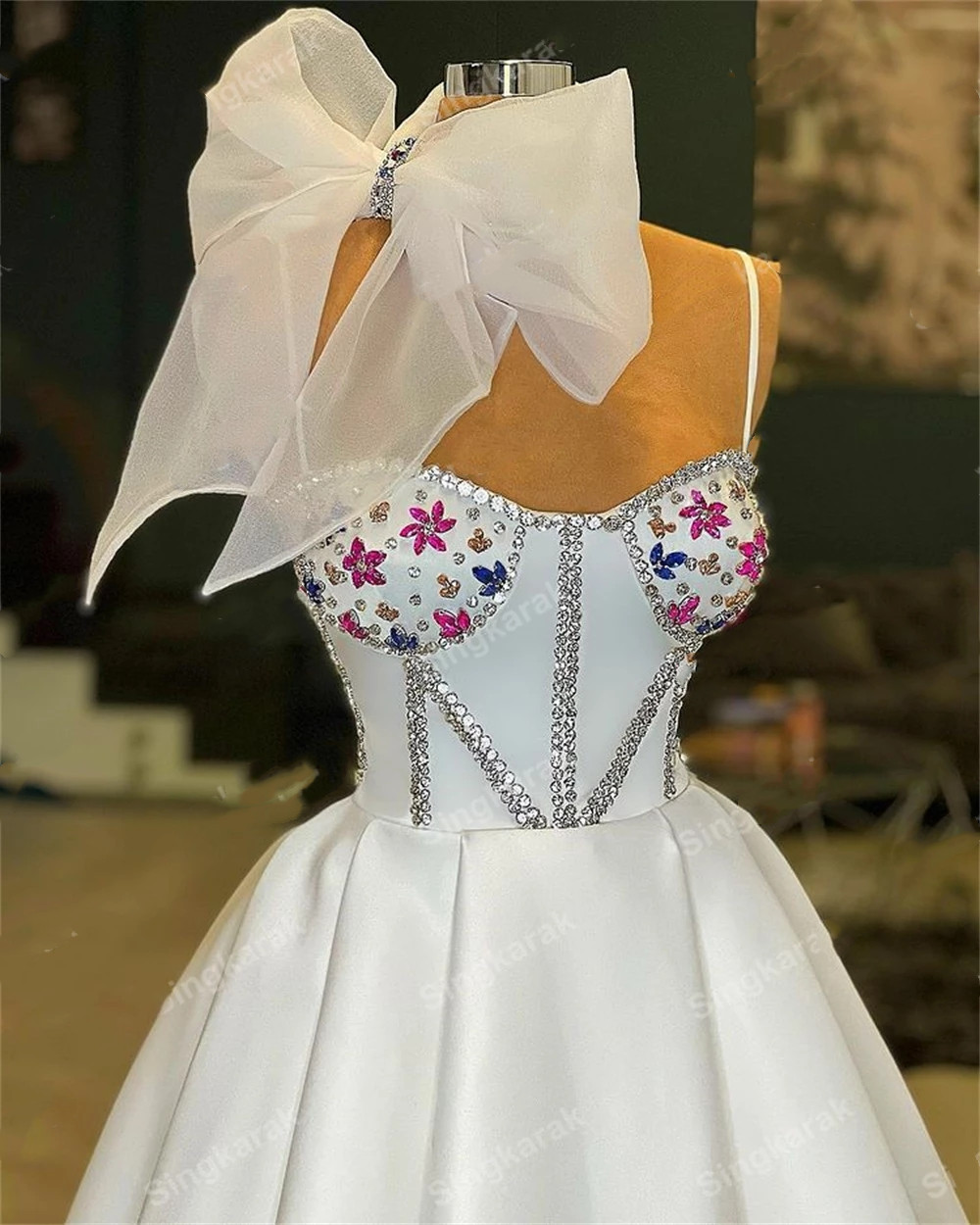 Elegant White Evening Dress Colorful Crystal Beaded Spaghetti Strap Formal Dresses For Bridal Guest Party Gowns Robe De Soiree 0431