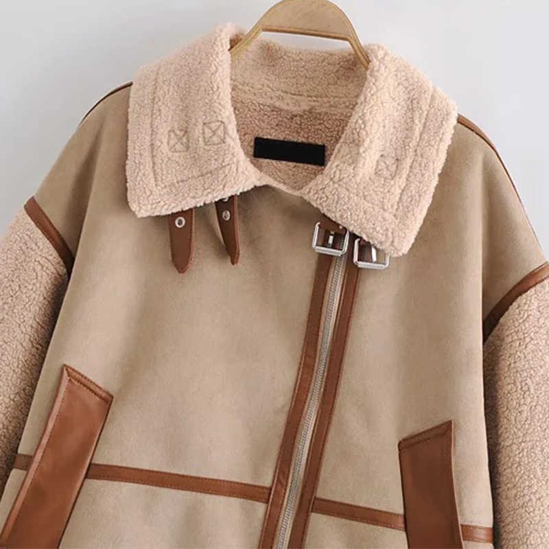 LY VAREY LIN Winter Women Patchwork Lambswool Faux Leather Jacket Motorcycle Casual Turn-down Collar Zipper Coat 210526