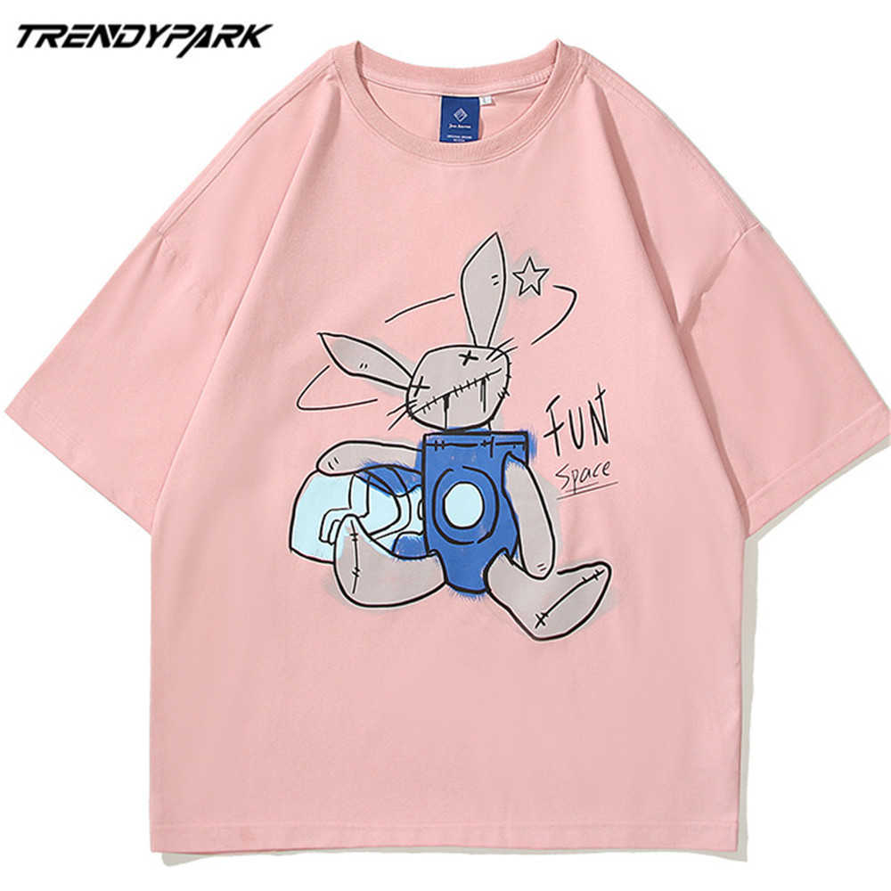 Men's Tshirt Cartoon Rabbit Print Summer Short Sleeve Hip Hop Oversized Cotton Casual Harajuku Streetwear Top Tshirts Clothing 210601