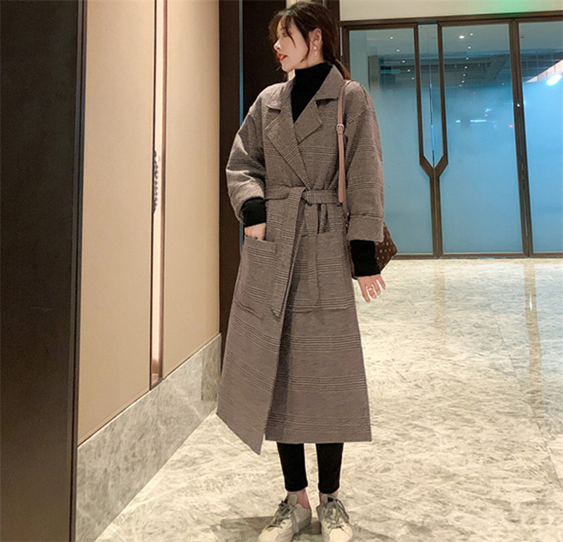 High Quality Winter Wool Blends Coat Belt Female Long Houndstooth Over The Knee Woolen Overcoat paszcz damski manteau femme 210218