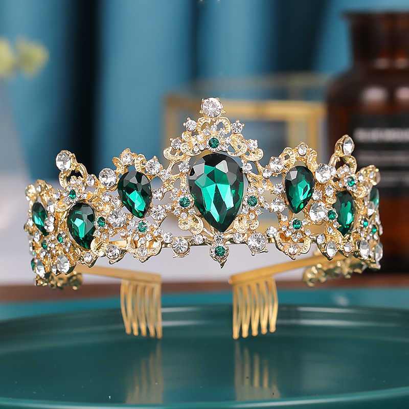 Trendy Green Crystal Rhinestone Baroque Vintage Tiara And Crowns For Queen Princess Bridal Wedding Hair Accessories Gift Jewelry H0827