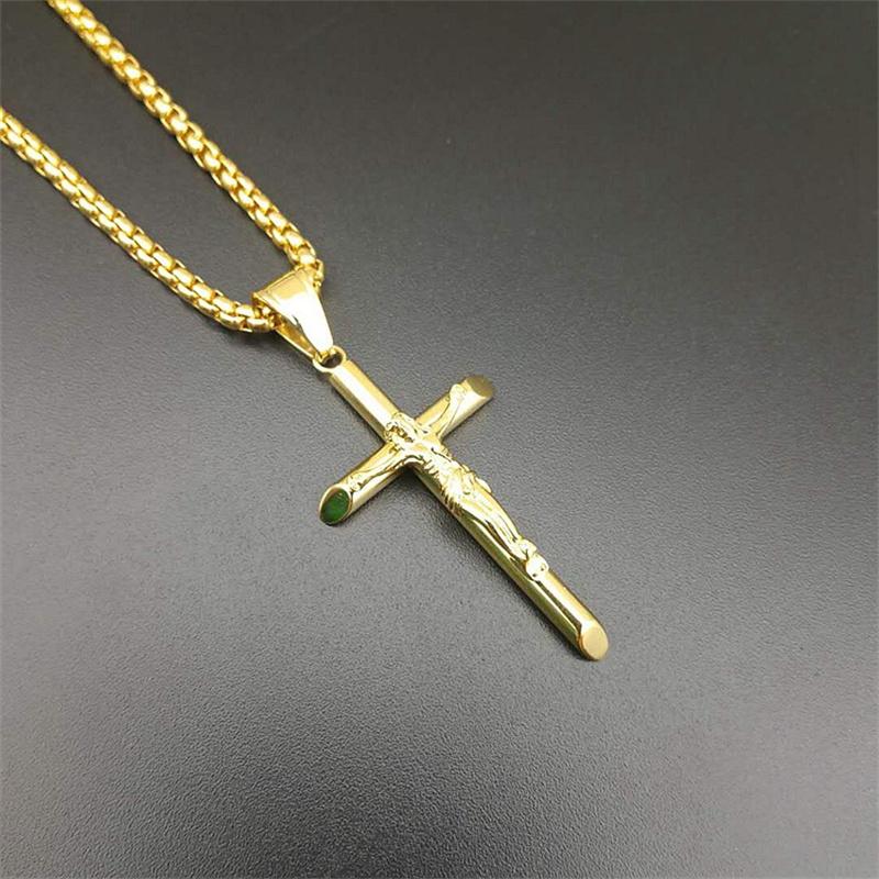 Pendant Necklaces Men Boys Jesus Cross Necklace Stainless Steel Gold Silver Color Box Chain Religious Christian Jewelry Gifts