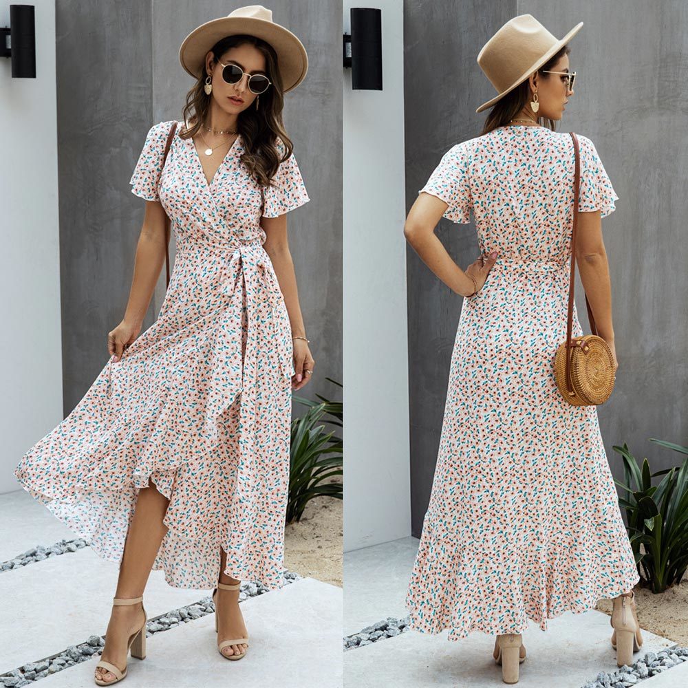 Summer Maxi Dress Women Polka Dot Sexy V Neck Ruffles Short Sleeve Holiday Long Beach Sundress Ladies Lace Up Wrap Party Dresses 210309