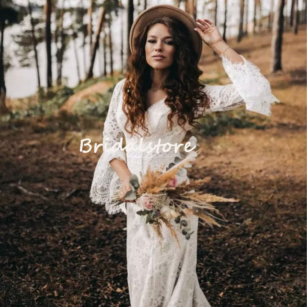 Unique Boho Lace Wedding Dress 2022 With Flare Sleeves Sexy V Neck Mermaid Bohemian Wedding Dresses Backless Crochet Hippie Country Bride Gowns For Af