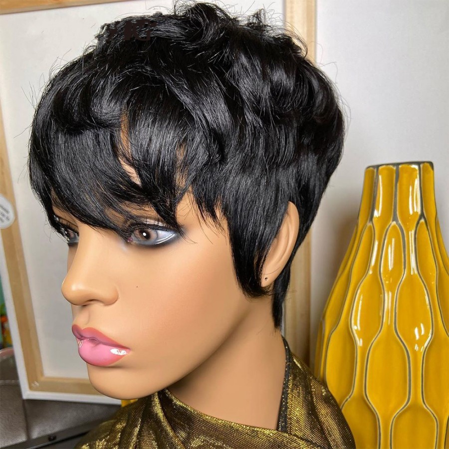 150% High Ratio Pixie Cut Wig Natural Black Color Short Human Hair Glueless Brazilian Remy Hair Wigs for women