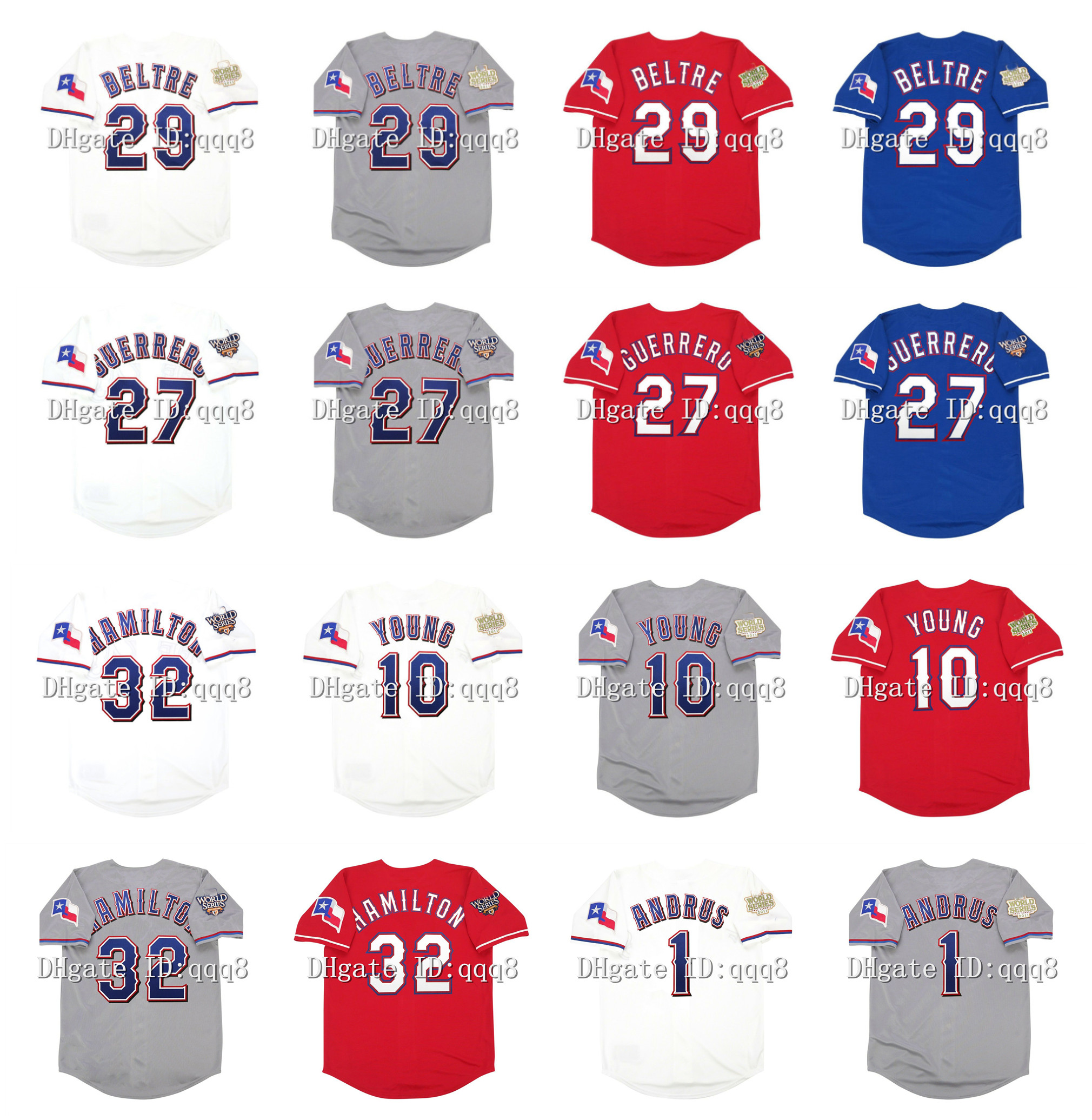 

2010 2011 Retro 29 Adrian Beltre Jersey 32 Josh Hamilton 1 Elvis Andrus 5 Ian Kinsler 10 Michael Young 27 Vladimir Guerrero 45 Derek Holland Vintage Baseball Jerseys, 2011 world series white