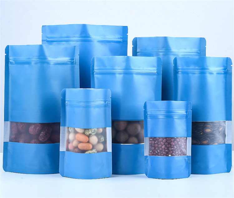 100pcs Matte Blue Window Zip Lock Aluminum Foil Bag Stand up Resealable Coffee Powder Snack Nuts Cereals Xmas Wedding Gifts Heat Sealing Packaging Pou