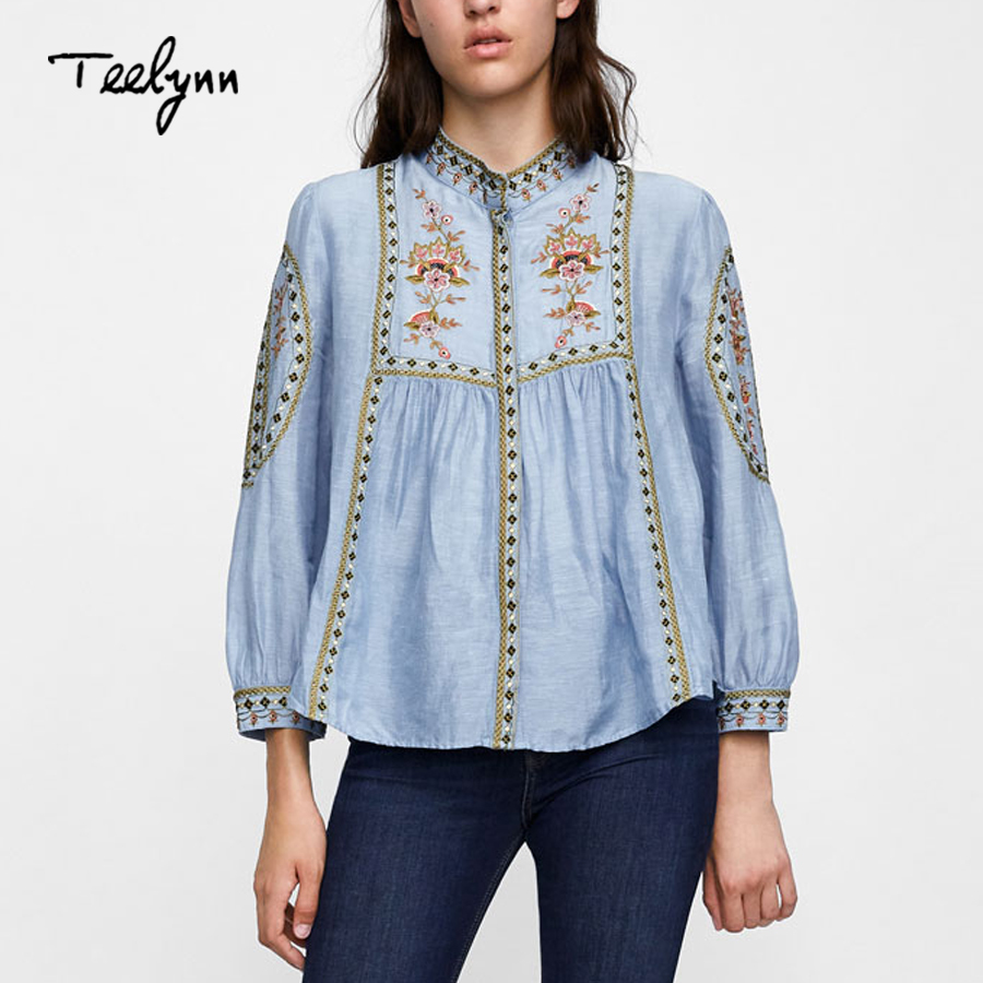TEELYNN Bule boho blouse autum floral embroidered o-neck puff sleeve boho blouses hippie loose shirt blouse for women top 210225