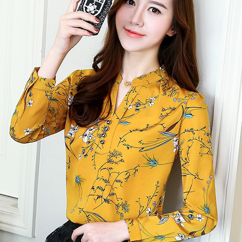 Women Spring Autumn Chiffon Blouses Tops Chiffon Blouses Shirts Ladies Floral Print Blouse Femme Long Sleeve Plus Size Blusas 90 210225
