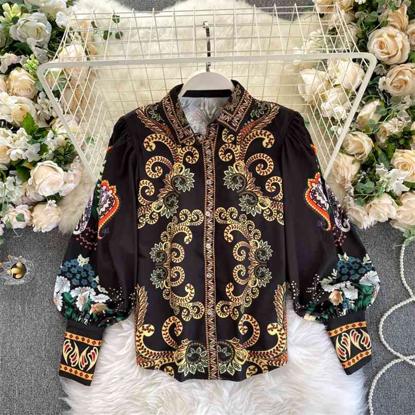 Court Women's Fashion Ancient Printing Long Sleeve Shirt Ladies' Autumn Elegant Blusas Mujer De Moda Blouse Tops P567 210527